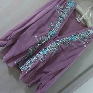 J Jill, Purple button up with flower embroidery